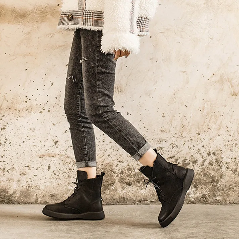 WaxingLeather Shearling Lined Short Boots for Winter Lace Up Snow Boots in Black/Coffee Best Snow Boots On A Budget