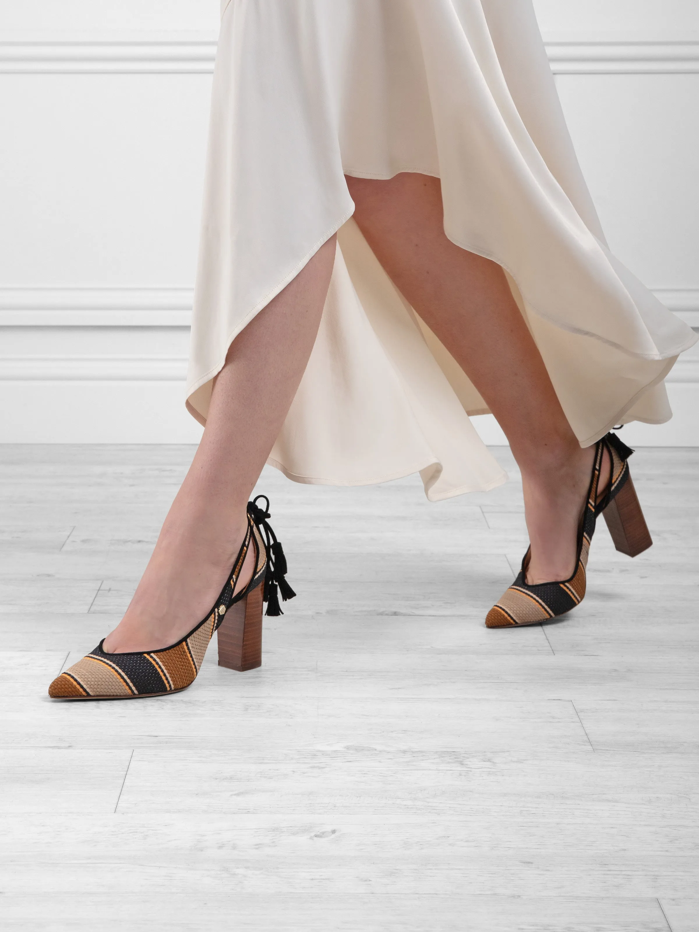 Newbury Heel - Tan, Navy & Cream Weave Shell Cordovan Penny Loafers