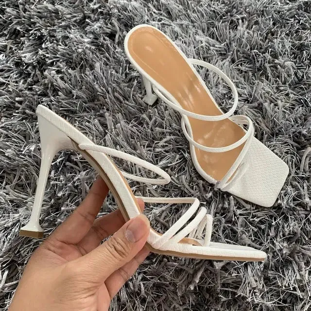 Slippers Judy Garland Square Toe Sandals Slipper Thin High Heels Slides Faux Leather