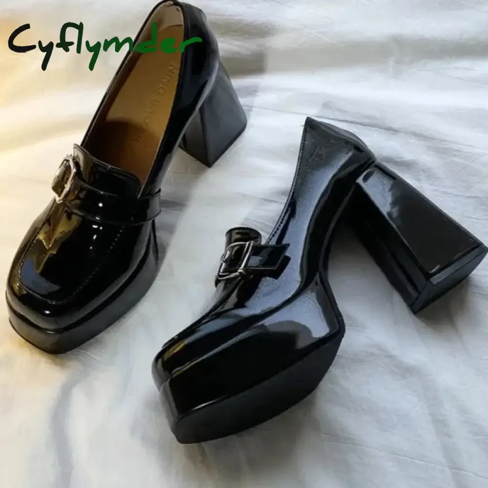 Cyflymder Heels Lolita Shoes Chunky Platform Shoes Loafers Heel Patent Leather Slip On Casual Shoes Women Lady Office Shoes Black Heels Pathy Loafers