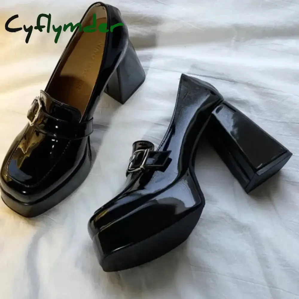 Venetian Loafers Cyflymder Heels Lolita Shoes Chunky Platform Shoes Loafers Heel Patent Leather Slip On Casual Shoes Women Lady Office Shoes Black Heels