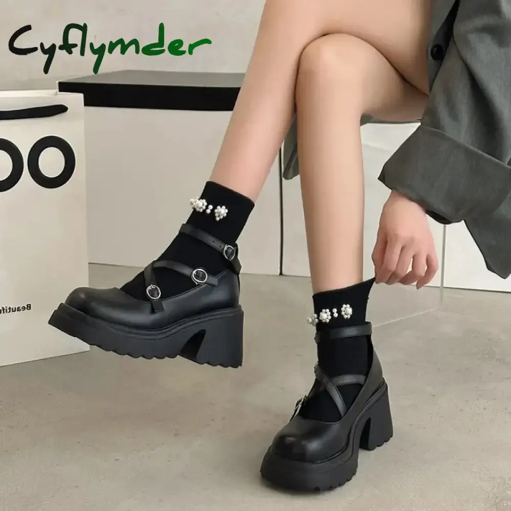 Walking High Heels Cyflymder Patent Leather Ankle Strap Lolita Shoes Women Thick Heels Platform Mary Janes Woman Sweet Lovely High Heeled Pumps