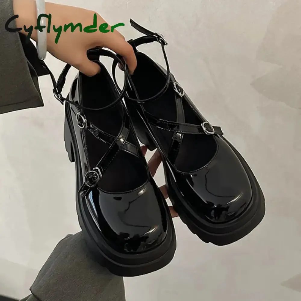 Cyflymder Patent Leather Ankle Strap Lolita Shoes Women Thick Heels Platform Mary Janes Woman Sweet Lovely High Heeled Pumps Shoes Heels
