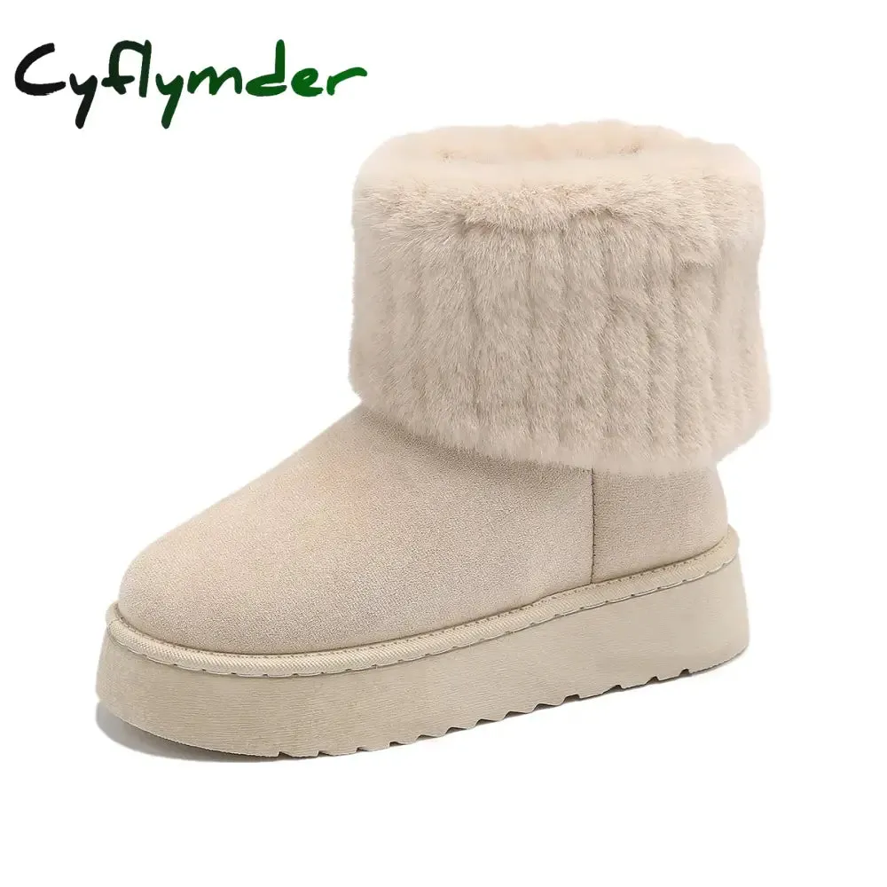 Cyflymder Shoes for Women Winter Women's Boots Black Round Toe Solid Flock Plush Warm Mid Heel Water Proof Casual Snow Boots Women Ice And Snow Boots