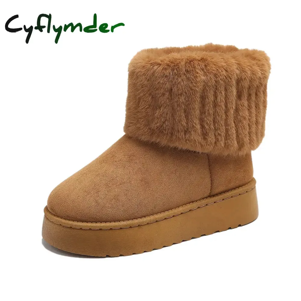 Cyflymder Shoes for Women Winter Women's Boots Black Round Toe Solid Flock Plush Warm Mid Heel Water Proof Casual Snow Boots Women Loewe Snow Boots