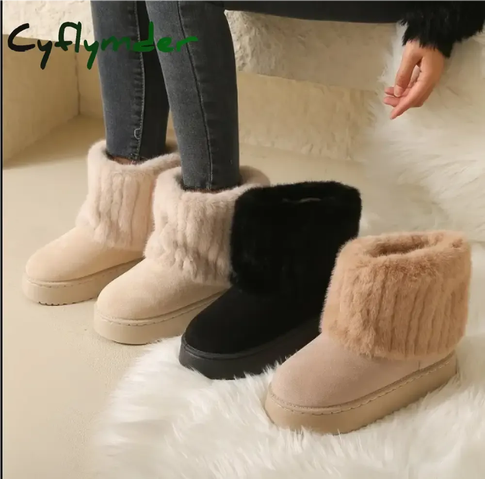 Snow Boots Size Up Or Down Cyflymder Shoes for Women Winter Women's Boots Black Round Toe Solid Flock Plush Warm Mid Heel Water Proof Casual Snow Boots Women