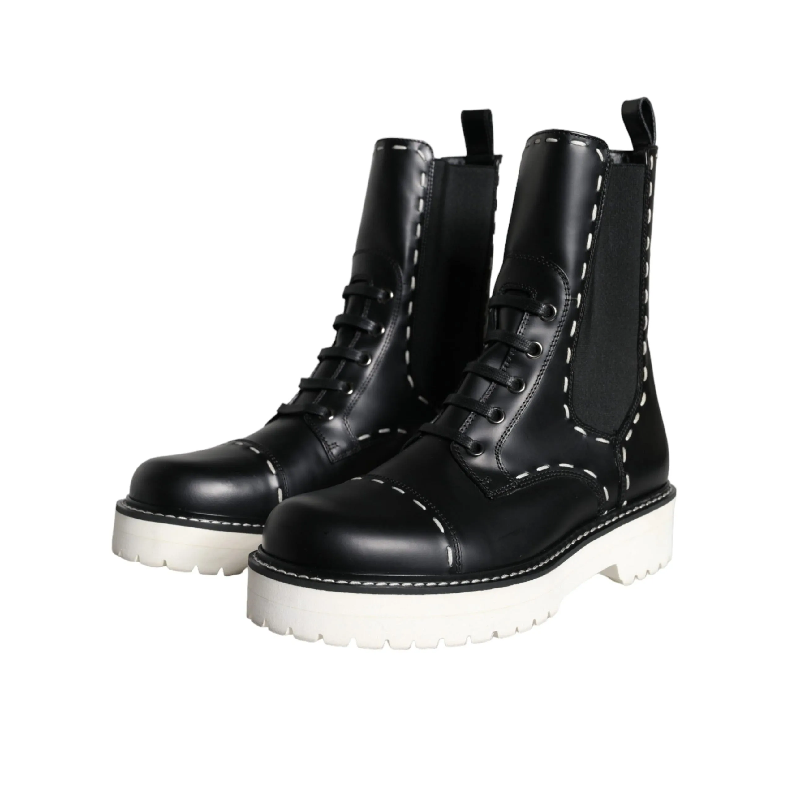 Dolce & Gabbana Black Leather Combat Mid Calf Boots Shoes Adidas Skateboarding Shoes High Top