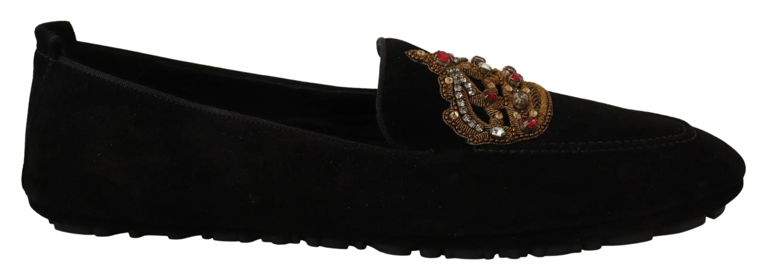 Dolce & Gabbana Elegant Black Leather Loafer Slides with Gold Embroidery Jeweled Loafers