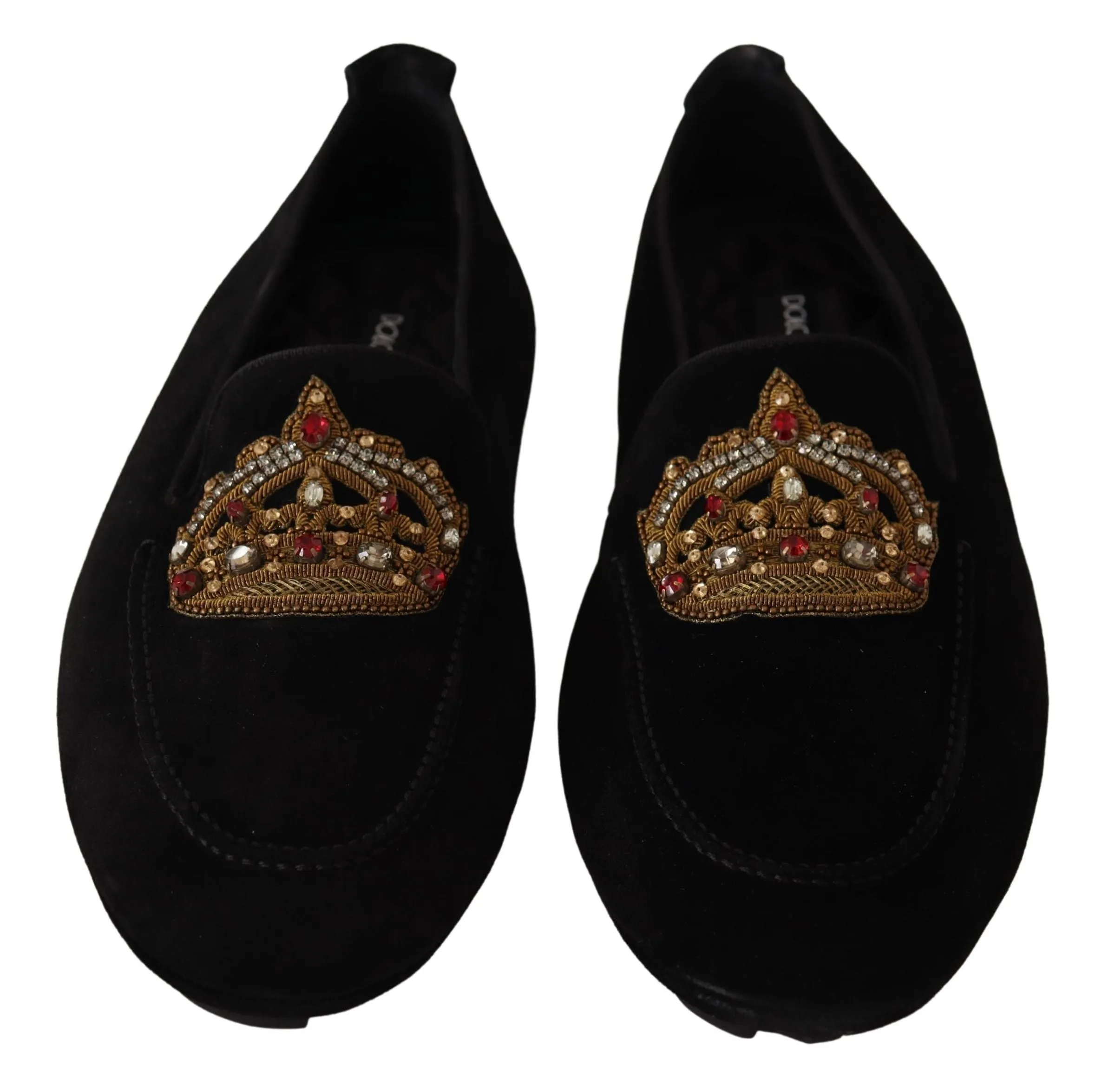 Dolce & Gabbana Elegant Black Leather Loafer Slides with Gold Embroidery White Chunky Loafers