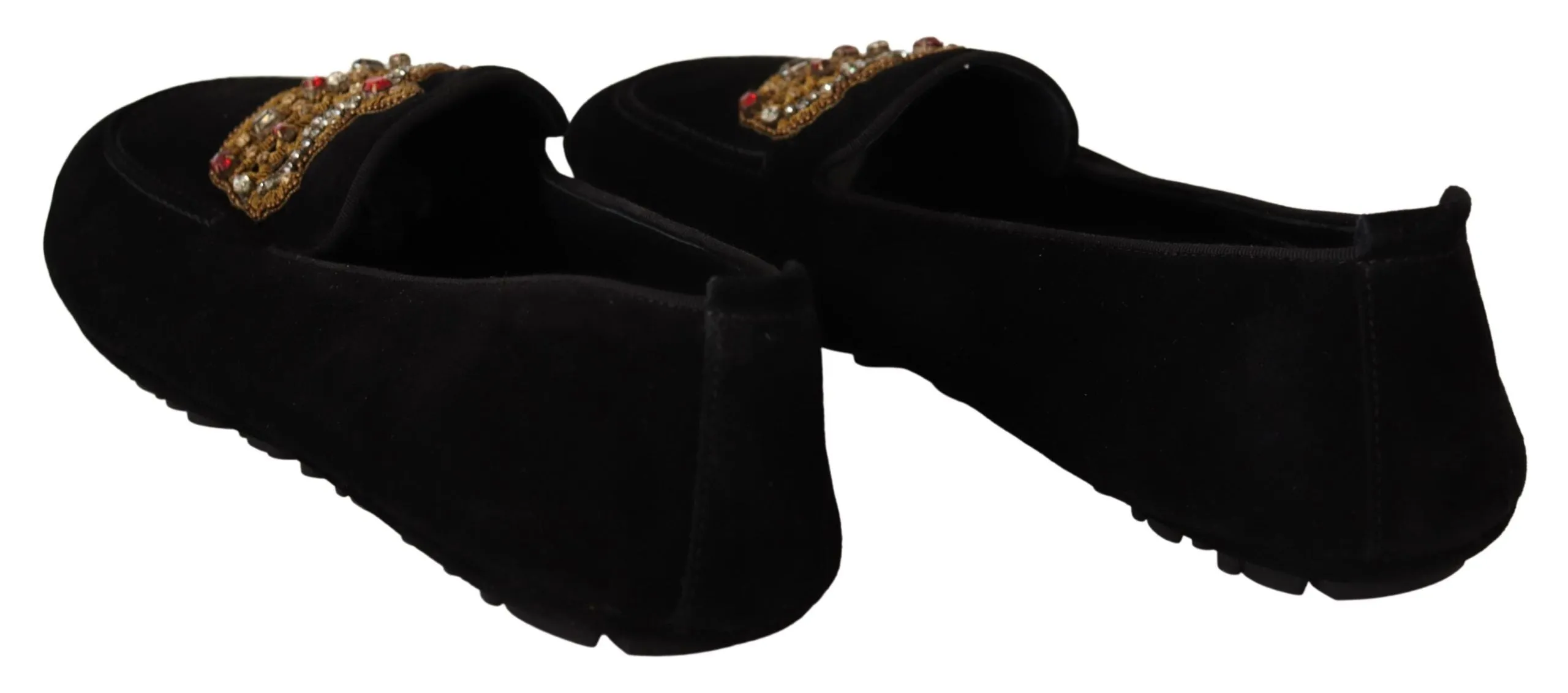 Loafers With Grey Suit Dolce & Gabbana Elegant Black Leather Loafer Slides with Gold Embroidery