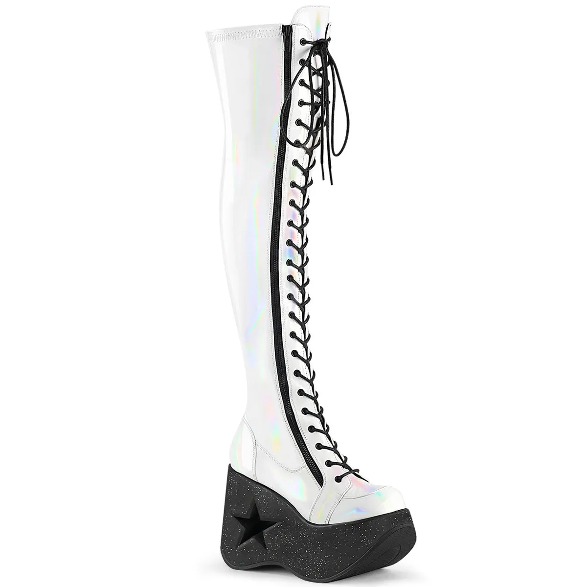 DYNAMITE-300 DemoniaCult White Stretch Holo Sexy Women's Over-the-Knee Boots (Alternative Footwear) Adidas X Jeremy Scott Shoes