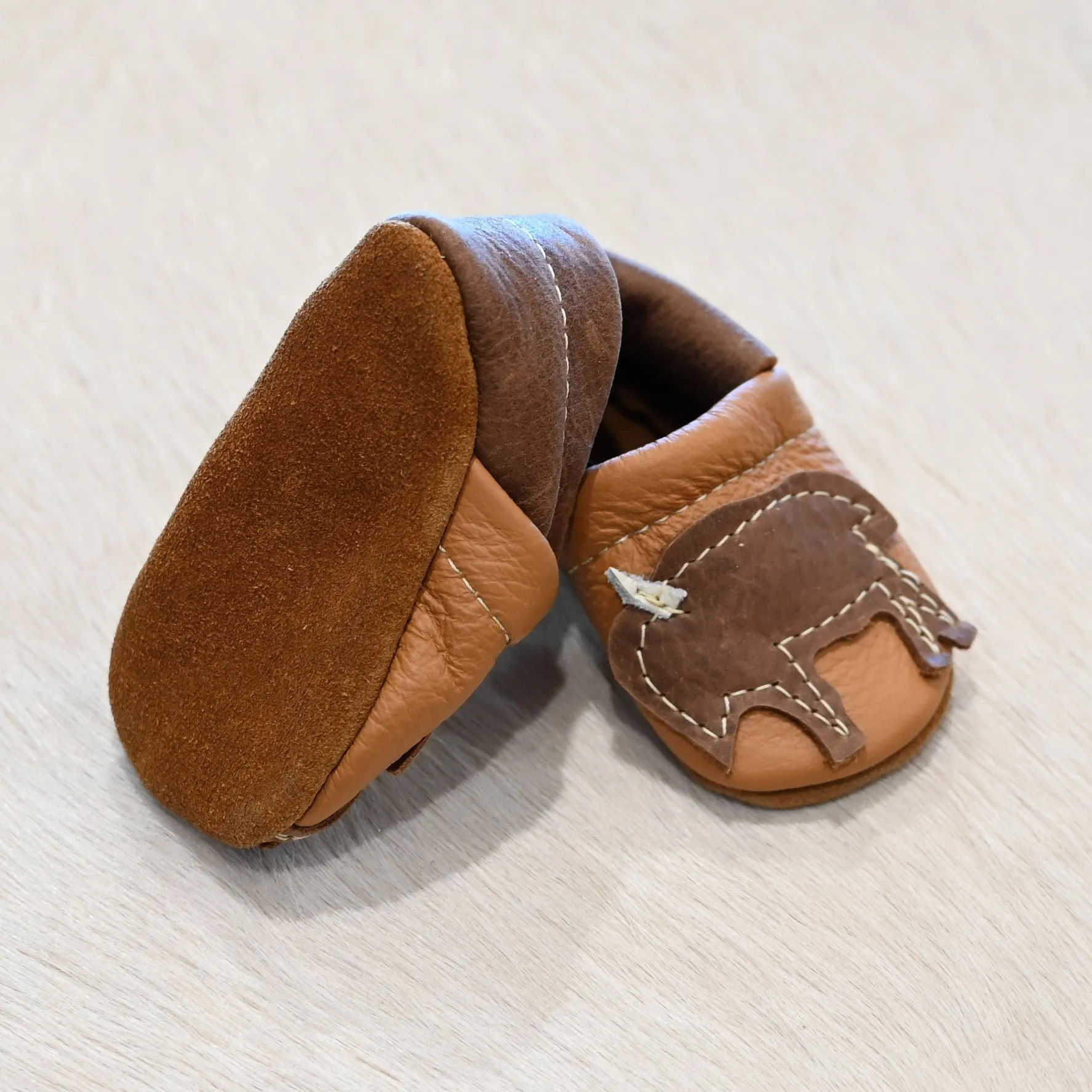 Bison on Tan Leather Bootie Fluff Slides