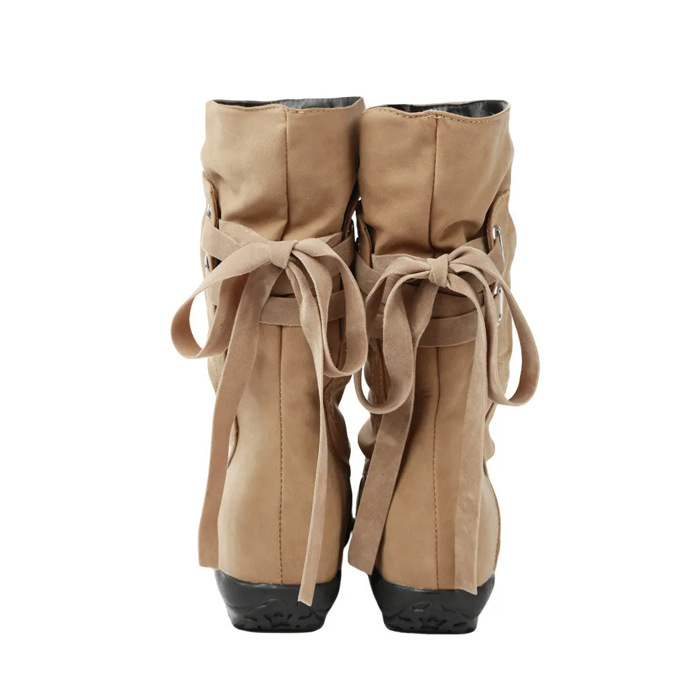 Lace Up Ladies Short Boots Hidden Wedges Slip-on Riding Boots Fashion Women Mid-Calf Boots Botas Boots Shoes Woman Boots For Mechanics