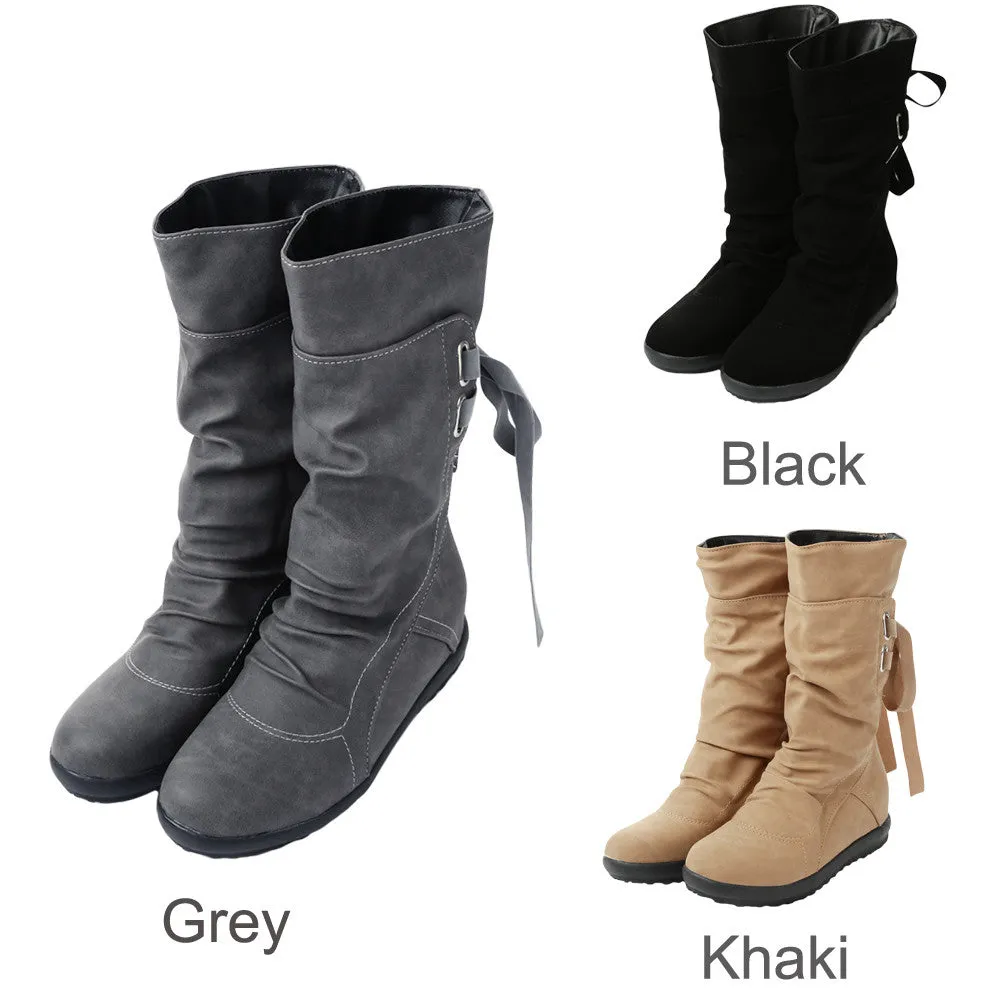 Lace Up Ladies Short Boots Hidden Wedges Slip-on Riding Boots Fashion Women Mid-Calf Boots Botas Boots Shoes Woman Bondage Boots