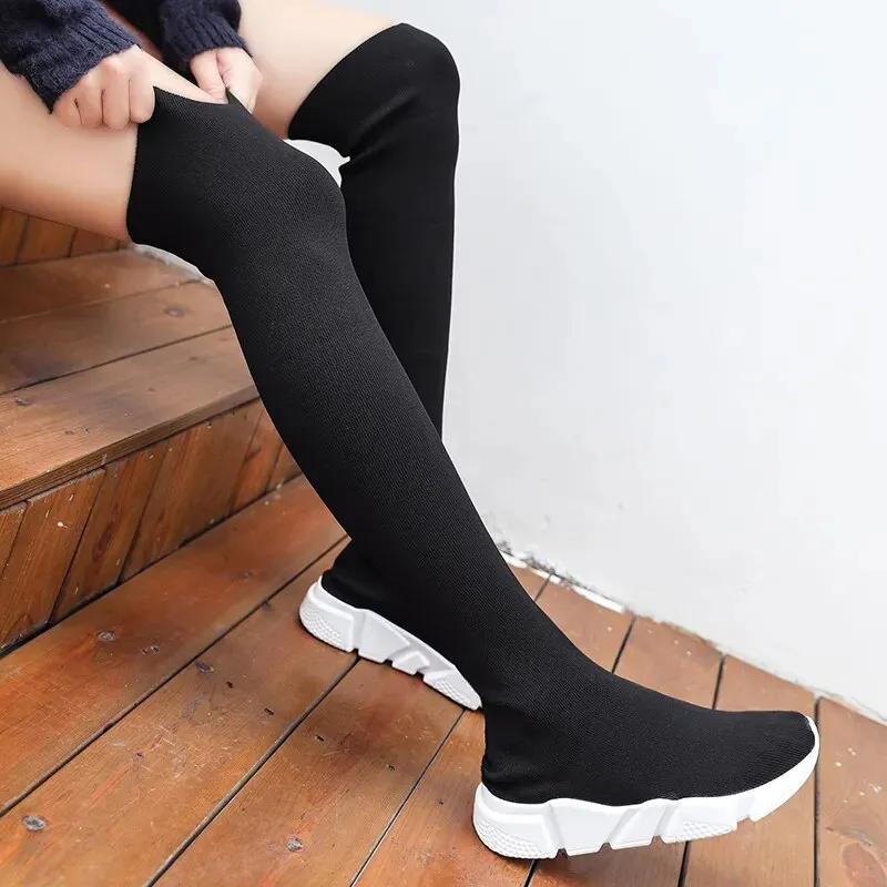 Women Boots Over the Knee Socks Shoes New Female Fashion Flat Shoes Autumn Winter long Boot for Women Body Shaping Sneakers Cheap Wedding Shoes Flats