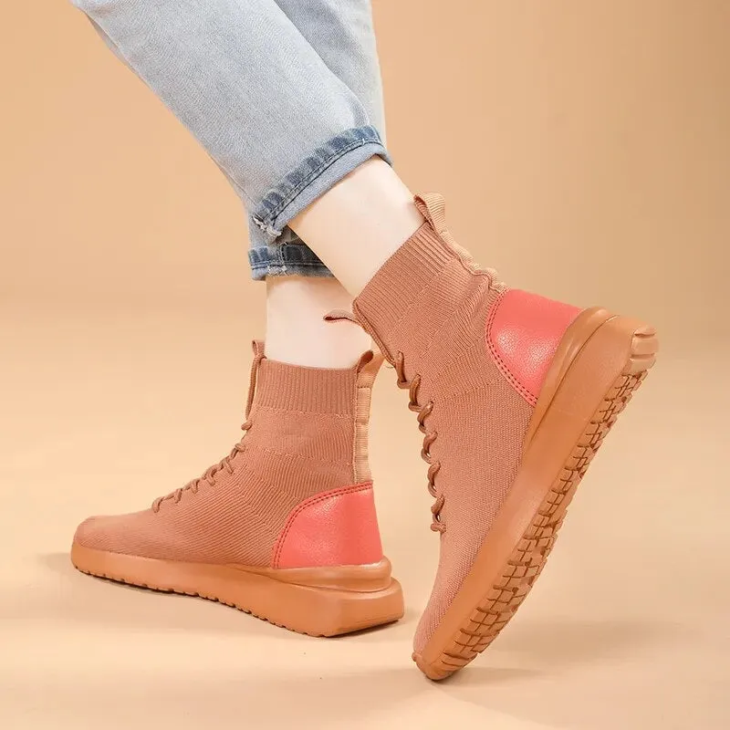 Hotter Flat Shoes Women Boots Over the Knee Socks Shoes New Female Fashion Flat Shoes Autumn Winter long Boot for Women Body Shaping Sneakers