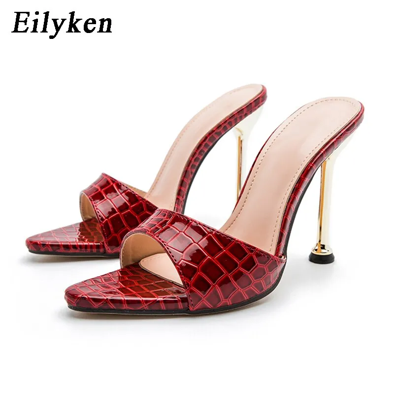 Eilyken Summer New Women Slippers Snake Print Mule High Heels Shoes Raiders Slippers