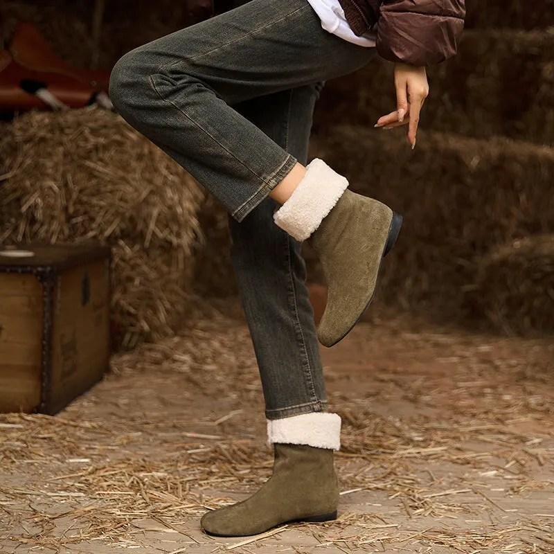 Women's Retro Leather Shearling-Lined Mid-Calf Boots with Foldable Cuff Deep Brown/Khaki/Black 18 Month Snow Boots