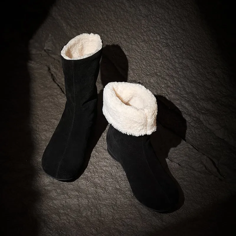 Women's Retro Leather Shearling-Lined Mid-Calf Boots with Foldable Cuff Deep Brown/Khaki/Black Trek Snow Boots