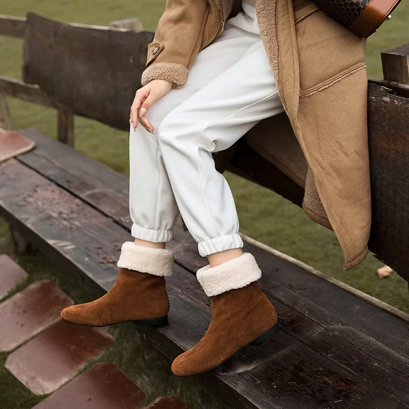 Snow Boots Fluffy Women's Retro Leather Shearling-Lined Mid-Calf Boots with Foldable Cuff Deep Brown/Khaki/Black