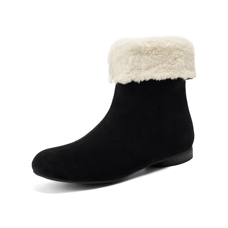 Women's Retro Leather Shearling-Lined Mid-Calf Boots with Foldable Cuff Deep Brown/Khaki/Black Sheepskin Snow Boots