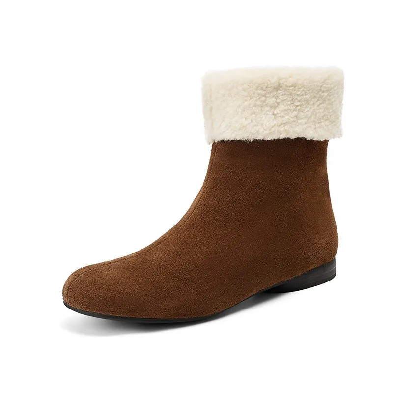 Sled Dog Boots For Snow Women's Retro Leather Shearling-Lined Mid-Calf Boots with Foldable Cuff Deep Brown/Khaki/Black