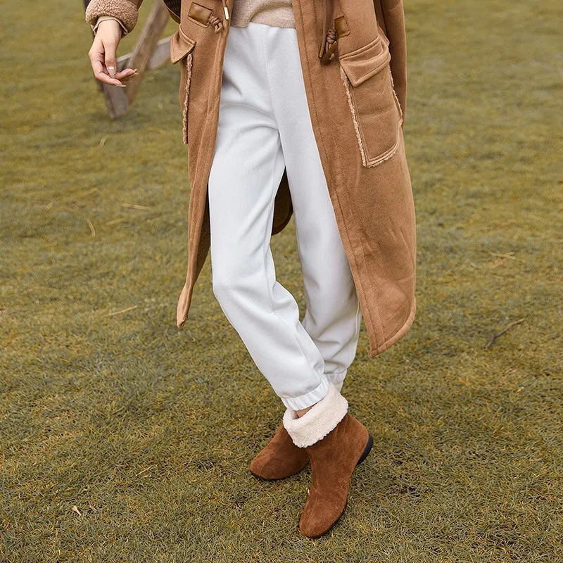 Snow Heel Boots Women's Retro Leather Shearling-Lined Mid-Calf Boots with Foldable Cuff Deep Brown/Khaki/Black