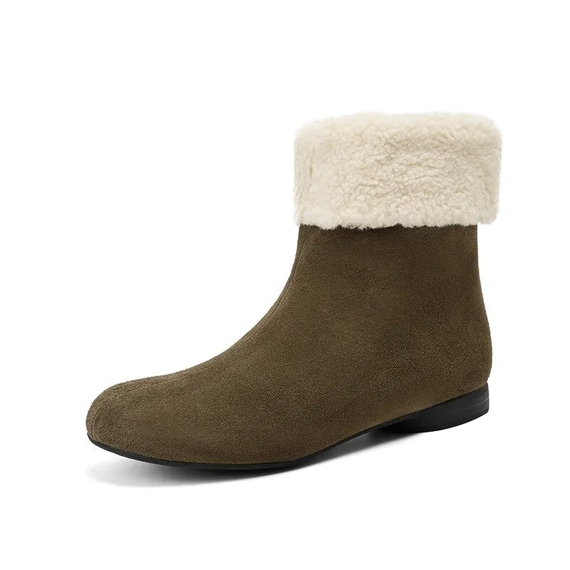 Women's Retro Leather Shearling-Lined Mid-Calf Boots with Foldable Cuff Deep Brown/Khaki/Black Snow Boots Extra Wide Width