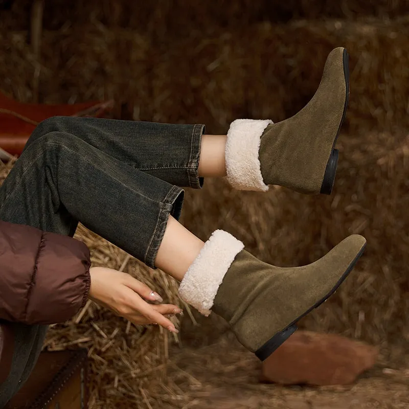 Elderly Snow Boots Women's Retro Leather Shearling-Lined Mid-Calf Boots with Foldable Cuff Deep Brown/Khaki/Black