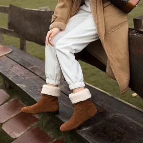 Cushionaire Hip Genuine Suede Ankle Snow Boots Women's Retro Leather Shearling-Lined Mid-Calf Boots with Foldable Cuff Deep Brown/Khaki/Black