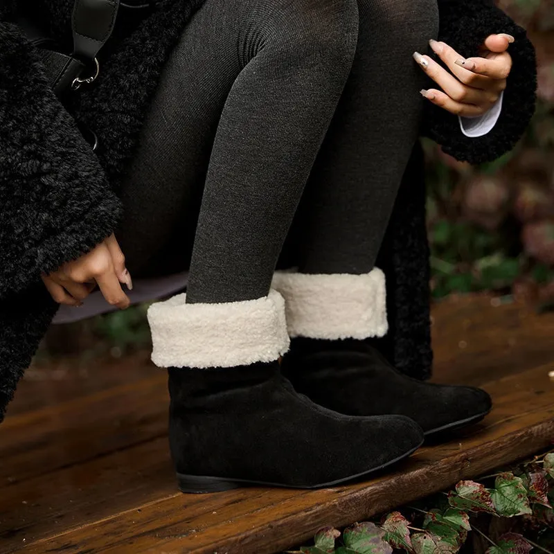 Torrid Snow Boots Women's Retro Leather Shearling-Lined Mid-Calf Boots with Foldable Cuff Deep Brown/Khaki/Black