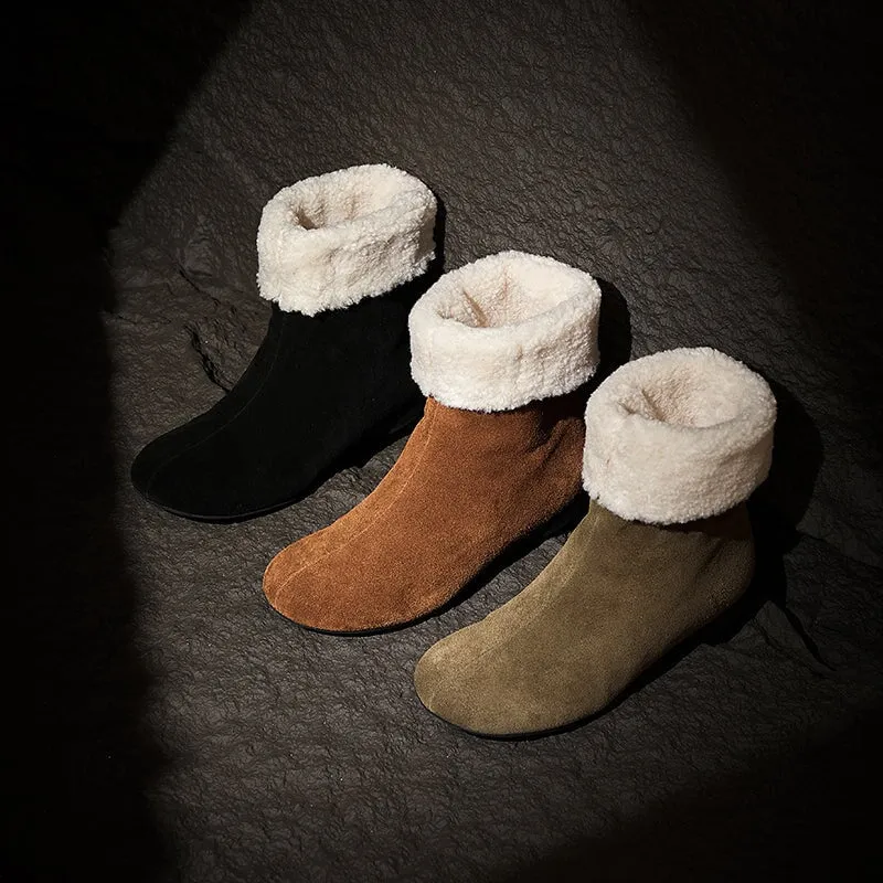 Moon Boots For Snow Women's Retro Leather Shearling-Lined Mid-Calf Boots with Foldable Cuff Deep Brown/Khaki/Black