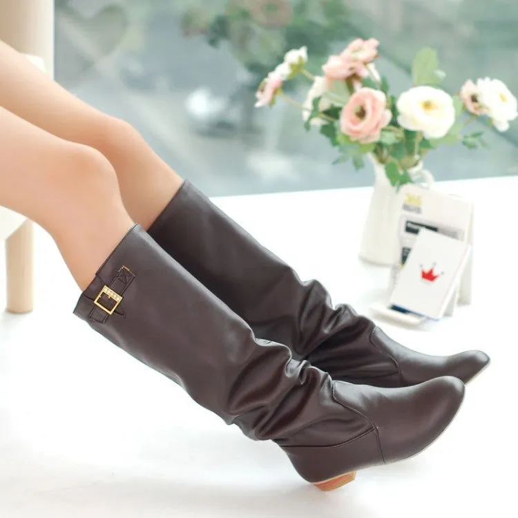 Waterproof And Slip Resistant Boots Soft Leather Buckle Tall Boots Low Heels for Women 3953