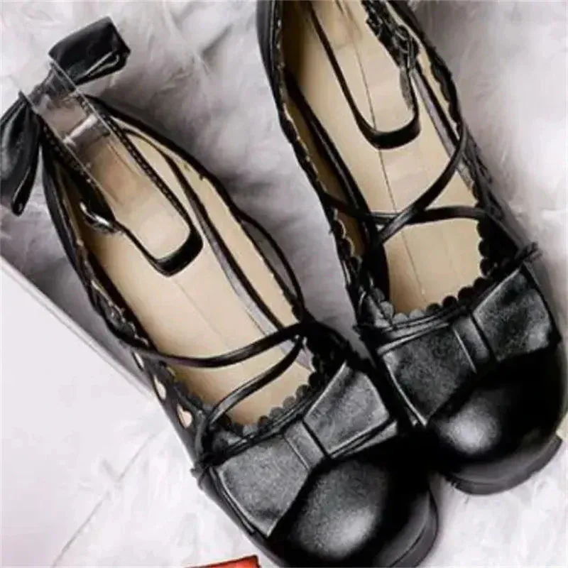 Kamames  -  Sweet lolita shoes kawaii girl bowknot bandage women shoes japanese vintage thick heel round head cosplay tea party dress shoes Rubber Shoe Covers For Shoes