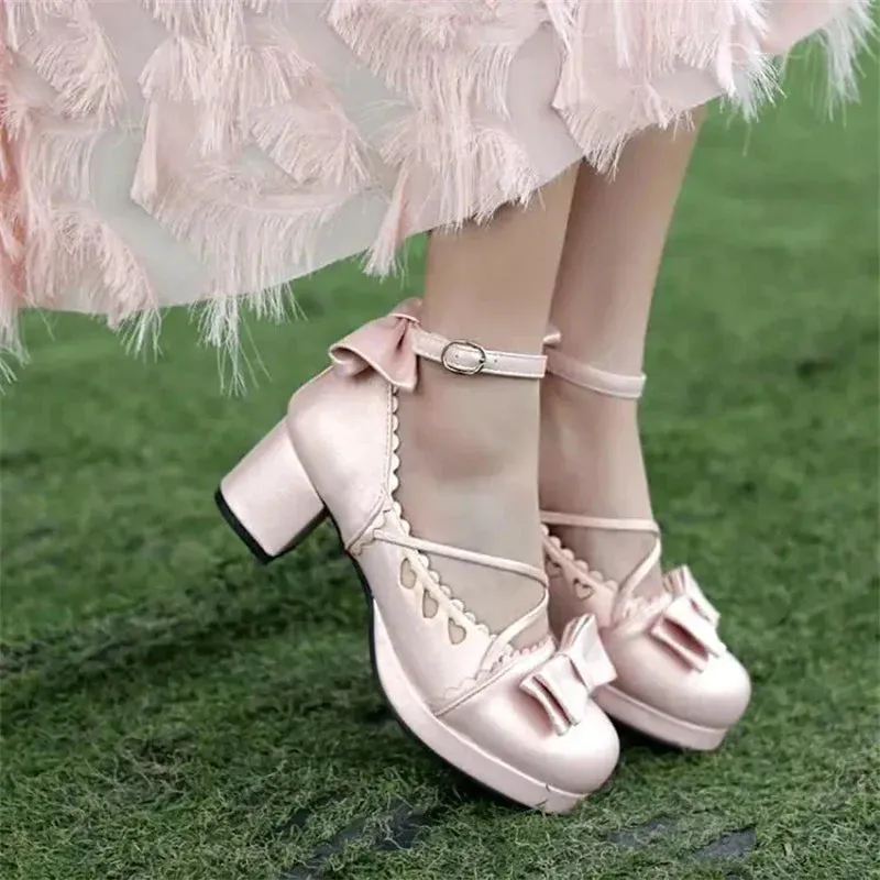 Kamames  -  Sweet lolita shoes kawaii girl bowknot bandage women shoes japanese vintage thick heel round head cosplay tea party dress shoes Closed Toe Wedge Dress Shoes