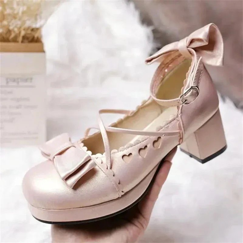 Red Dress Gold Shoes Kamames  -  Sweet lolita shoes kawaii girl bowknot bandage women shoes japanese vintage thick heel round head cosplay tea party dress shoes