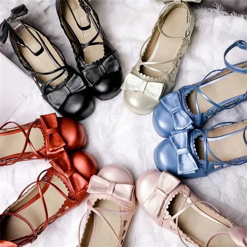 Kamames  -  Sweet lolita shoes kawaii girl bowknot bandage women shoes japanese vintage thick heel round head cosplay tea party dress shoes Elsa Dress Up Shoes