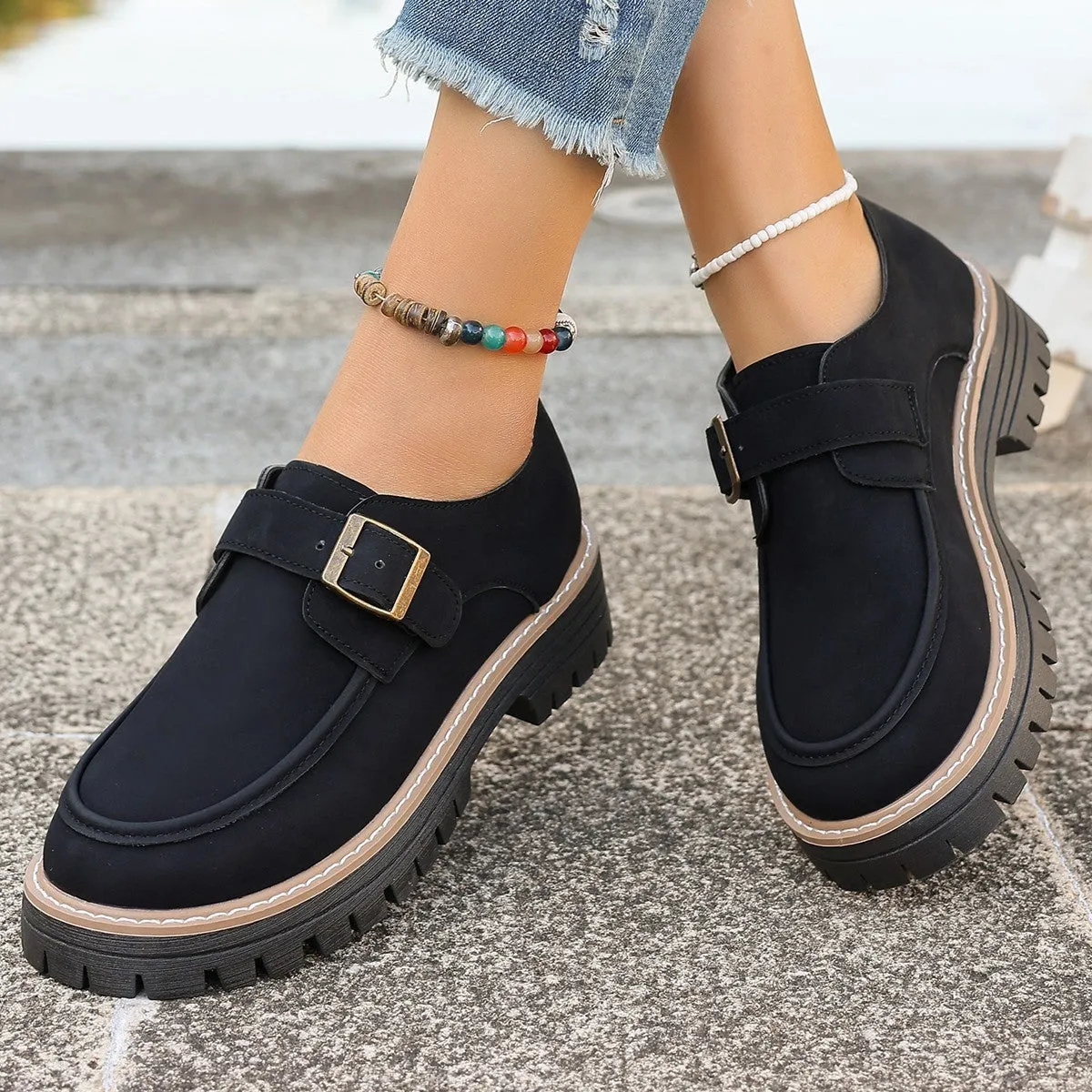 Le Loafers Fashion Buckle Loafers For Women British Style Height-increasing Thick-soled Casual Shoes