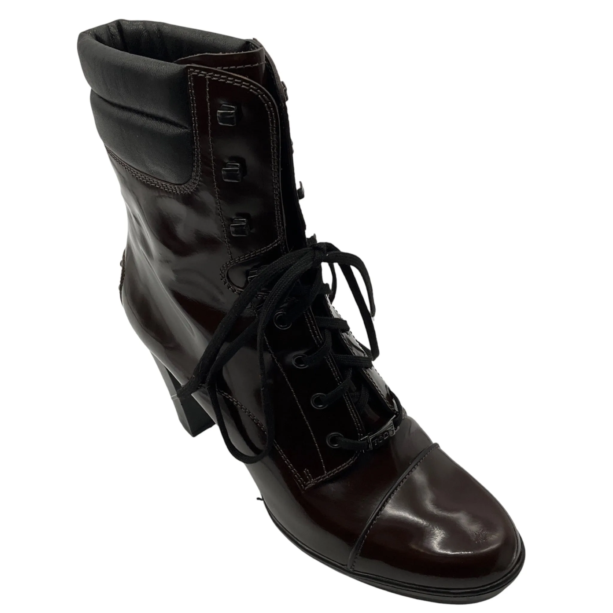 Tod's Dark Brown Patent Leather Lace Up Boots Running Shoes Adidas Shoes