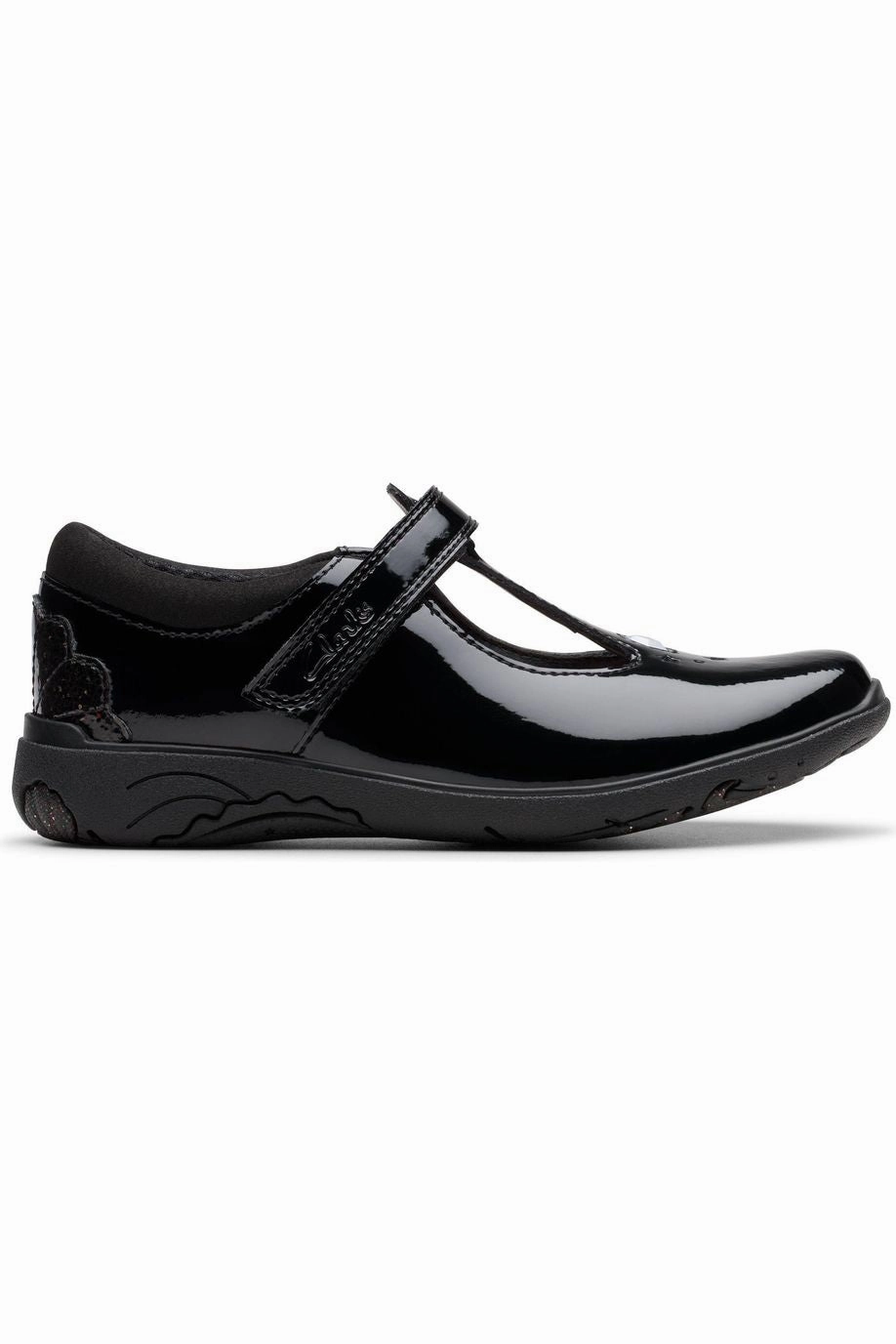 Lightweight Design Comfortable Clarks Relda Gem black patent school shoe