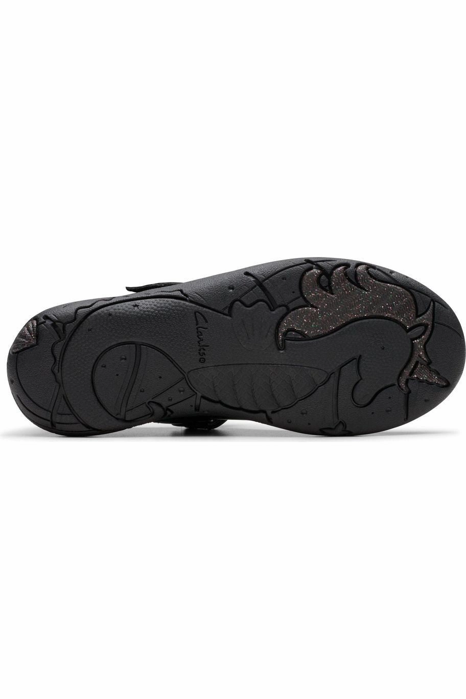 Heel Stabilized Comfort Strap Clarks Relda Gem black patent school shoe