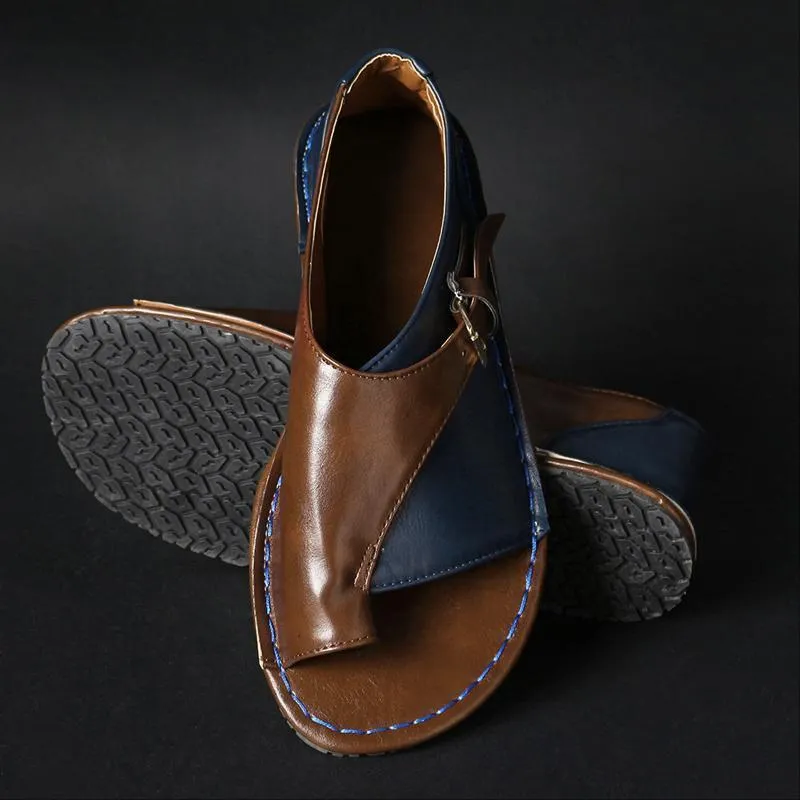 Women Retro Color Splicing Buckle Flip Flops Flat Sandals Leggings And Flat Shoes