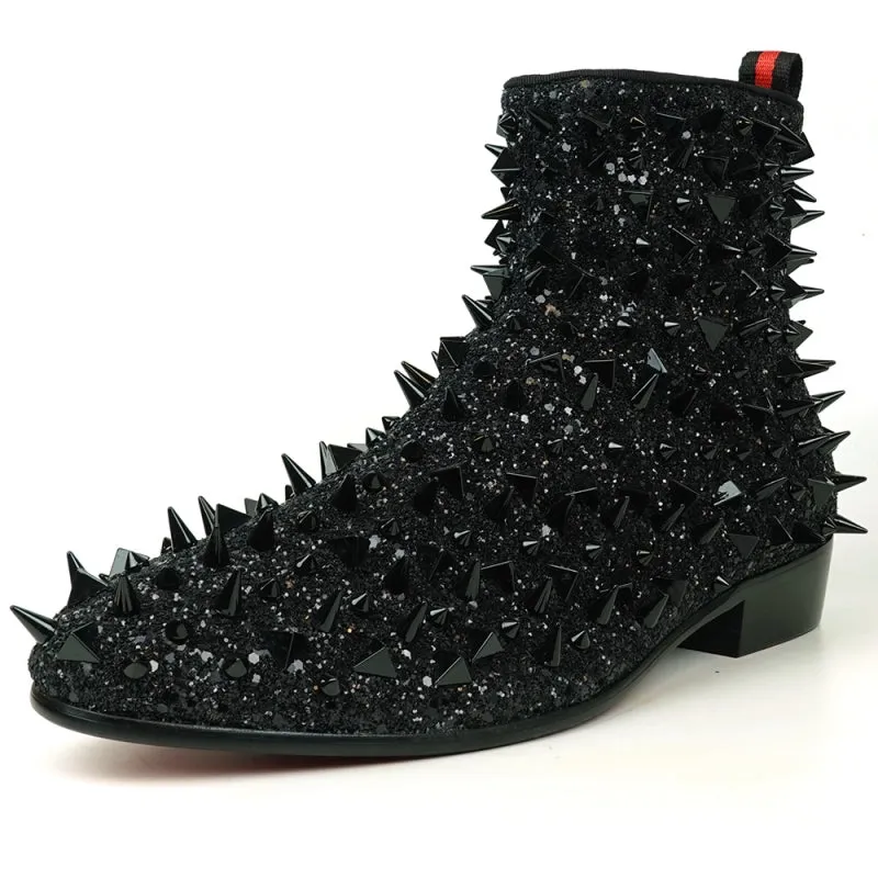 Maxi Dresses Shoes FI-7527 Black Glitter Black Spikes Boot Encore by Fiesso