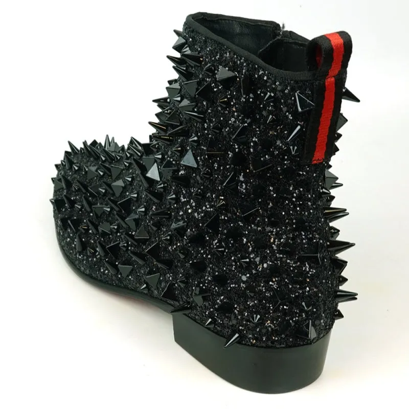 FI-7527 Black Glitter Black Spikes Boot Encore by Fiesso Toe Box Dress Shoes