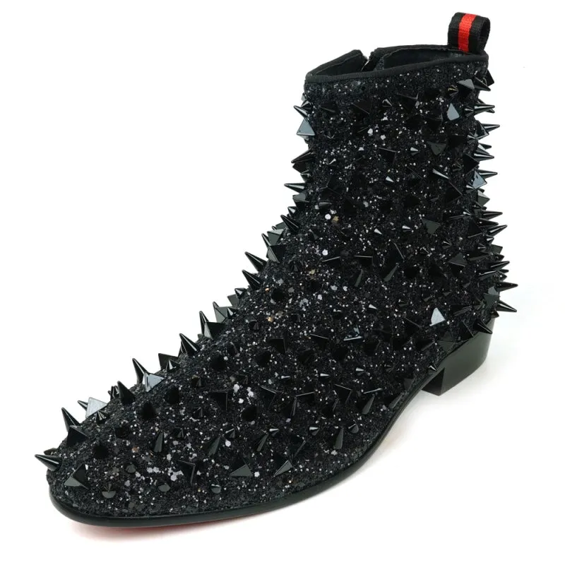 Neuropathy Dress Shoes FI-7527 Black Glitter Black Spikes Boot Encore by Fiesso