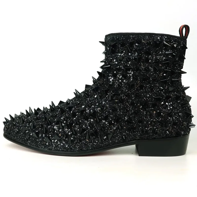 George Dress Shoes FI-7527 Black Glitter Black Spikes Boot Encore by Fiesso