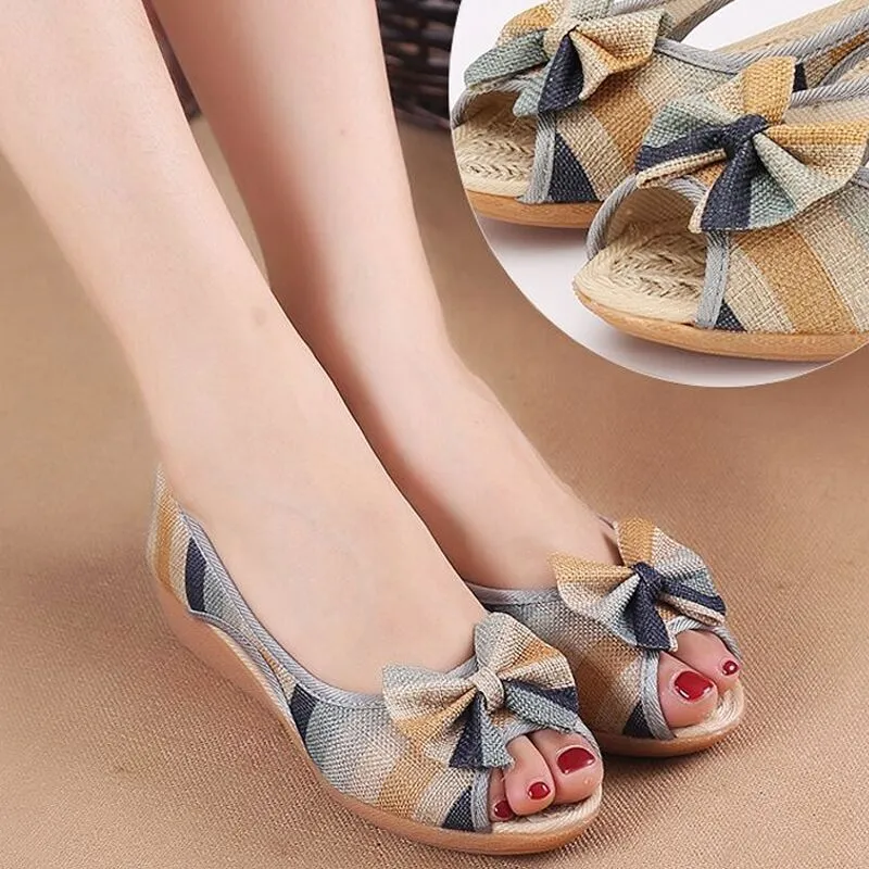 Wedding Outfit Flat Shoes Flat Sandals Flax Summer Open Toe Fashion Canvas Wedges Non-Slip Sole Slip On