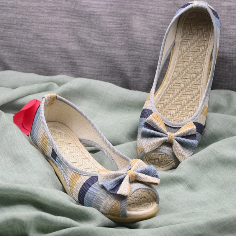 Flat Sandals Flax Summer Open Toe Fashion Canvas Wedges Non-Slip Sole Slip On Flat Doll Shoes