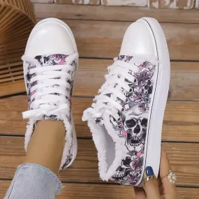 Floral Skull Canvas Shoes 2024 Spring Autumn Women Large Size Flat Sneakers Female Lace-up Shoes Casual Vulcanized Shoes Zapatos Shoes Heels To Flats