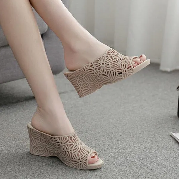Crocheted Slippers Patterns Women's Casual Hollow Wedge Jelly Slippers 01506063S